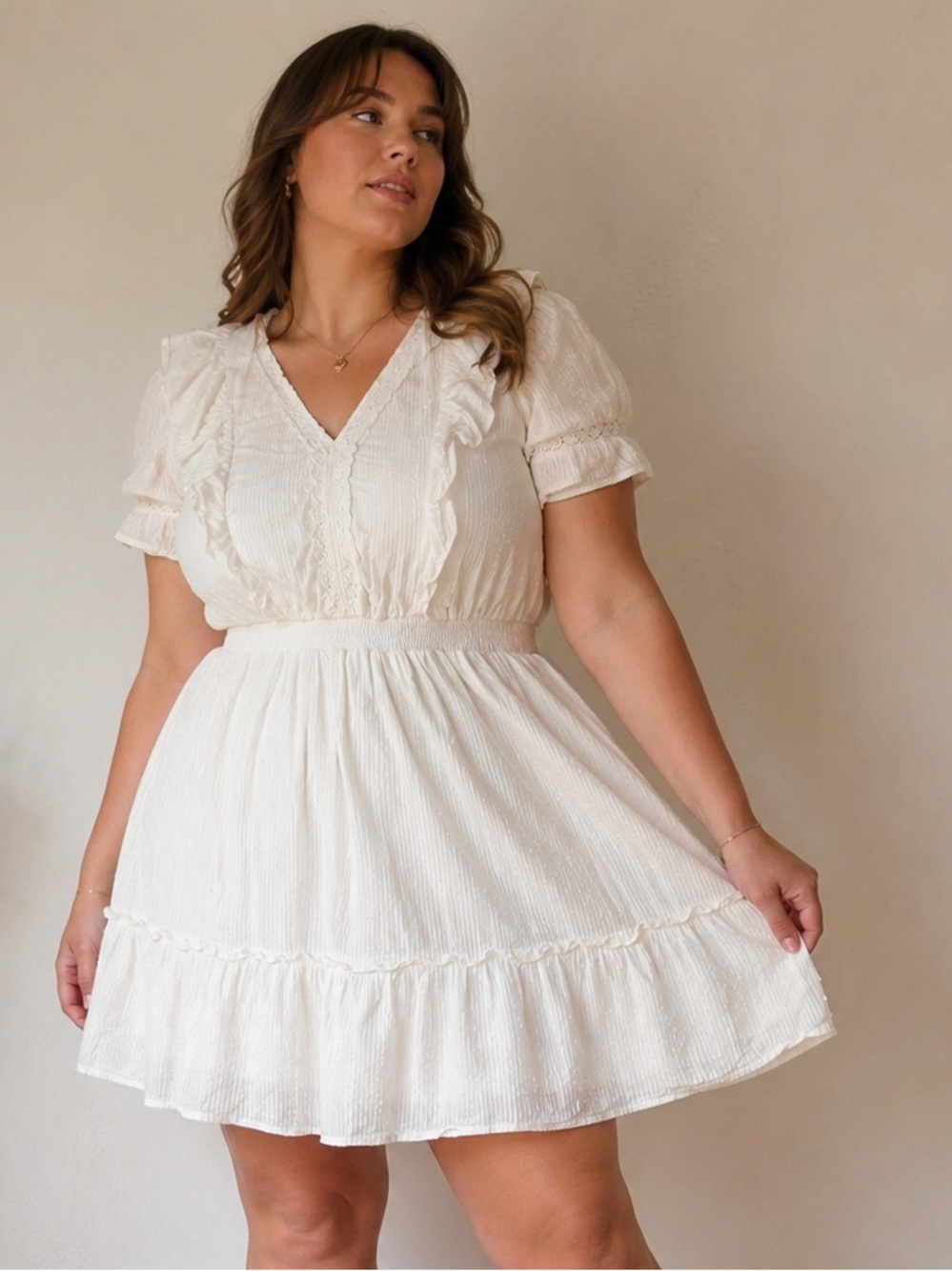 LC Lauren Conrad Ivory Ruffled V-Neck Short Dress